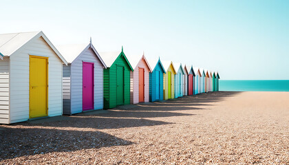 Colorful Beach Huts Lined Up on a Sandy Shore, Seaside Vacation Scene