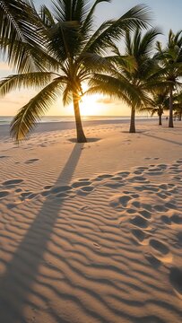 Golden Hour Sunlight Casting Long Shadows on a Sandy Beach with Palm Trees photo