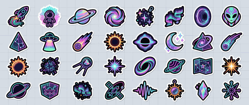 Space icons set. containing rocket, astronaut, planet, galaxy, ufo, meteor, sun, moon, alien and more. Vector collection