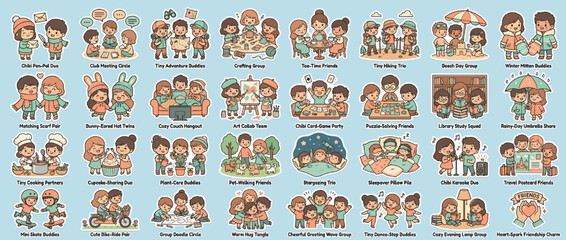 Friendship and activities icon set. containing pets, reading, camping, cooking, gaming, crafting, holiday, sharing, study and more. Vector collection