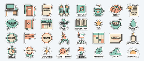 Wellness and motivation icon set. containing mantra, shoes, playlist, tea, reset, idea, hydrate, candle and more. Vector collection