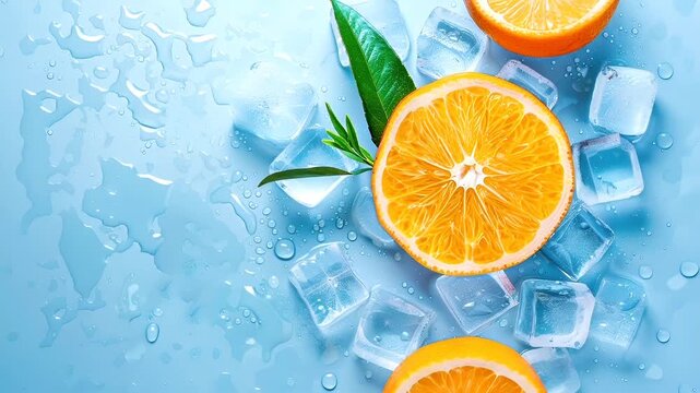 A closeup of a halved orange with water droplets and ice cubes on a blue background. The orange is vibrant orange with a white center, and its texture is clearly visible.