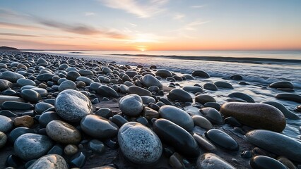 Pebble Beach Shoreline at Sunrise with Gentle Waves and Soft Sky Colors ocean sunset