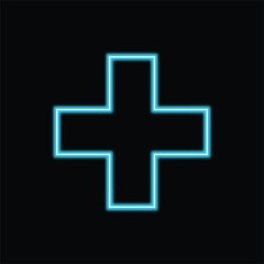 Neon Blue Plus Sign Vector Icon, Glowing Geometric Cross Shape Symbol on Black Background, Health Medical Hospital or Pharmacy Logo Design Element