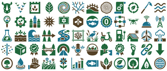 Ecology and sustainability icon set. containing nature, recycling, solar, wind, water, wildlife, eco, energy, and more. Vector collection