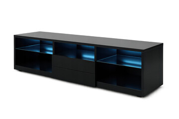 Obraz premium Modern black TV stand on transparent background, minimalist style design element