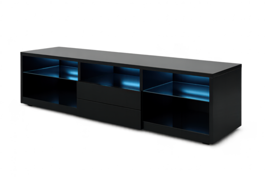 Modern black TV stand on transparent background, minimalist style design element