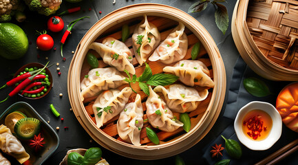 Freshly steamed asian dumplings with vibrant ingredients, top view