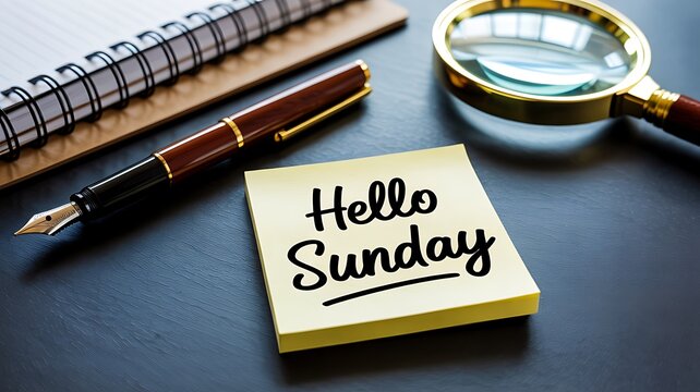 A warm and inviting image of a fountain pen magnifying glass and spiral notebook on a dark surface with a sticky note that says hello sunday - Powered by Adobe