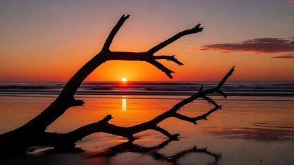 Silhouette of a bare tree branch against a vibrant orange and pink sunset over the ocean and wet sand