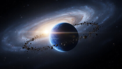 Epic cosmic view of a distant blue planet with asteroids and a bright galaxy in outer space, illustration.