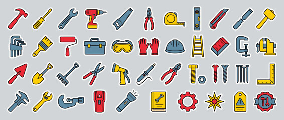 Construction tools icon set. contains wrench, hammer, drill, saw, helmet, pliers, screwdriver, toolbox, ladder, tape, safety. Vector collection