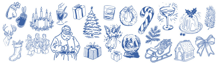 Obraz premium Christmas doodle sketch elements featuring festive icons, winter symbols, holiday decorations and seasonal illustrations
