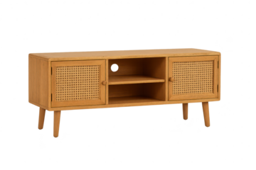 Stylish wooden TV stand with cane doors isolated on transparent background