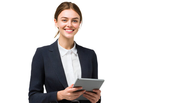 Young professional businesswoman with digital tablet smiling against transparent background looking at camera