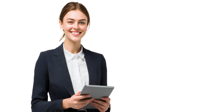 Young professional businesswoman with digital tablet smiling against transparent background looking at camera - Powered by Adobe