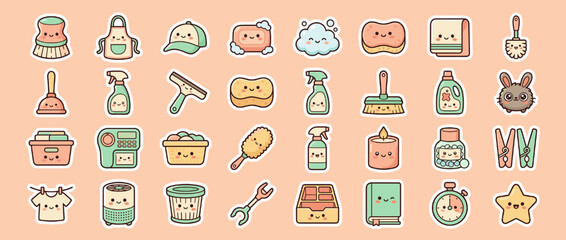 Cute home and cleaning icon set. containing broom, sponge, soap, detergent, spray, plunger, mop, scrub, candle, stars. Vector collection