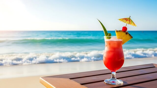 Vibrant Red Tropical Cocktail on a Beach Table with Turquoise Ocean Waves photo (39