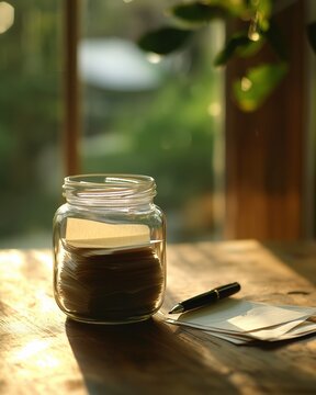 Glass jar filled with paper notes on a rustic wooden table with a pen and
