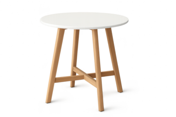 Modern round table with white top and wooden legs isolated on transparent