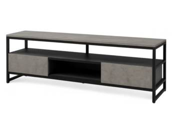 Modern TV stand isolated on transparent background, gray concrete and black frame, clean, cut-out