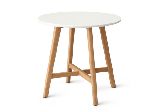 Modern round table with white top and wooden legs isolated on transparent