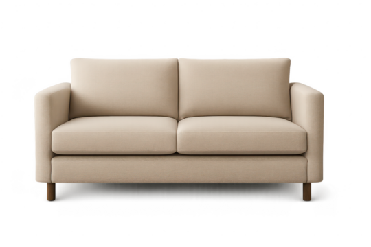 Elegant beige two-seater sofa isolated on transparent background, interior design