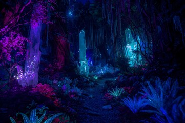 Enchanting bioluminescent cave formations illuminated by vibrant neon purple and blue otherworldly light