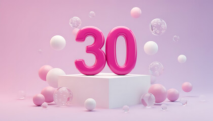 Thirty Celebration Concept with Pink Numbers and Bubbles on a White Pedestal