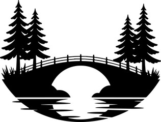 Pine trees and arch bridge silhouette vector illustration