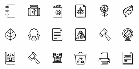 Collection of ecology and environment icons featuring leaves documents and recycling symbols in outline style