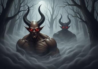Two demonic figures with horns and glowing red eyes emerge from a foggy forest.