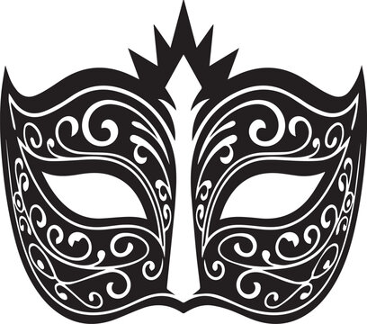 Ornate black and white masquerade mask with decorative swirls and a crown