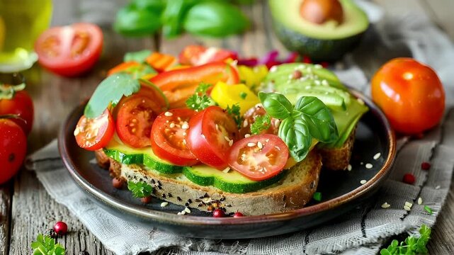 A closeup of a sandwich with fresh vegetables and herbs on a rustic wooden table. The sandwich is adorned with a variety of fresh ingredients, including tomatoes, cucumbers, and herbs.
