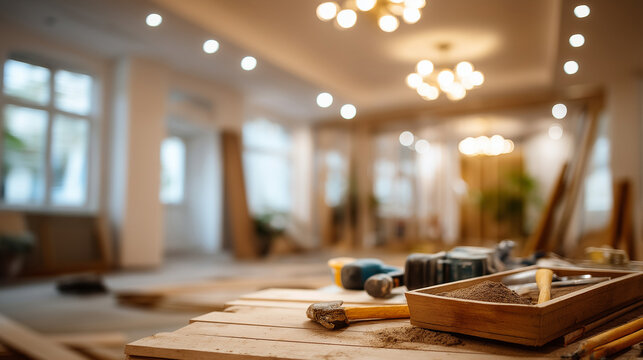 Home renovation and construction work in active progress faceless building work scene defocused interior construction background property improvement phase residential upgrade