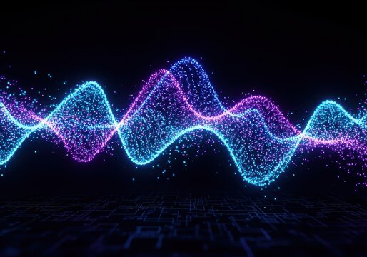 Abstract visualization of sound waves, with glowing particles in blue and purple hues against a dark background.