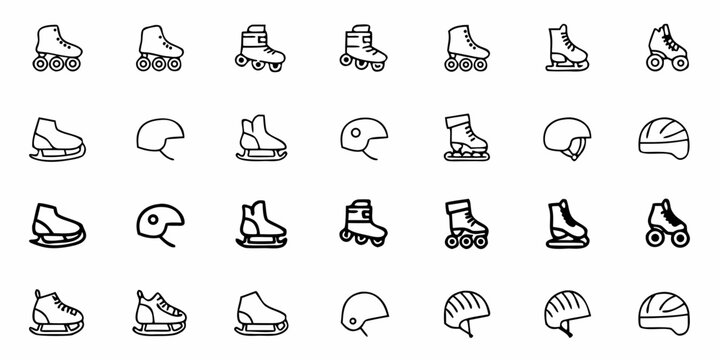 Collection of roller skates ice skates and helmets in various styles and orientations on a white background