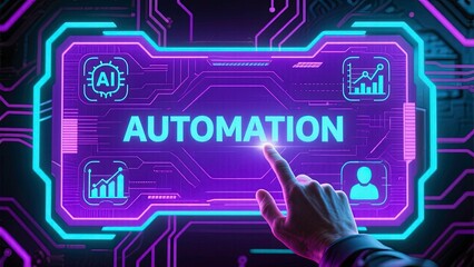 Digital interface glowing in neon purple and cyan tones with the word automation display.