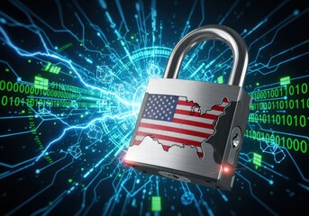 A padlock with the United States map and flag, symbolizing cybersecurity and data protection.