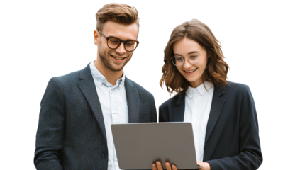 Business Couple Working Together on Laptop Smiling Against Transparent Background with Clipping Path