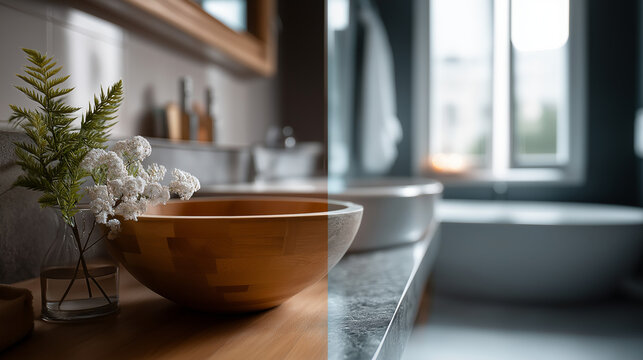 Bathroom renovation dramatic before and after comparison faceless laying new natural stone tiles defocused modern luxurious bath room background floor reconstruction