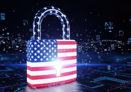 A digital padlock with the American flag design, symbolizing cybersecurity and national security.