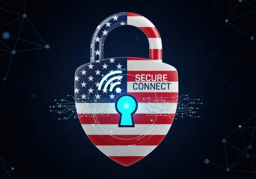 A digital illustration of a padlock with the American flag design, symbolizing secure internet connection.