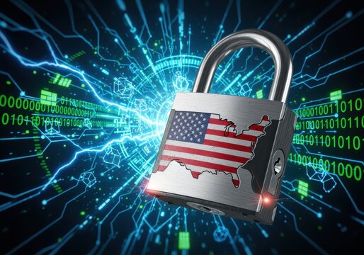A padlock with the United States map and flag, symbolizing cybersecurity and data protection.