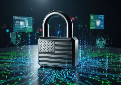 A digital security concept featuring a padlock with the American flag, surrounded by technological elements.