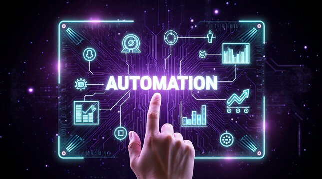 Digital interface glowing in neon purple and cyan tones with the word automation display.