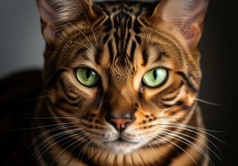 Close-up portrait of a Bengal cat with striking green eyes and a focused gaze.