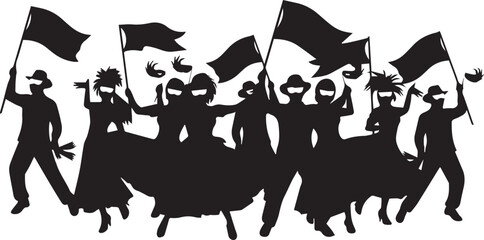 Silhouette of a diverse group of people marching with flags