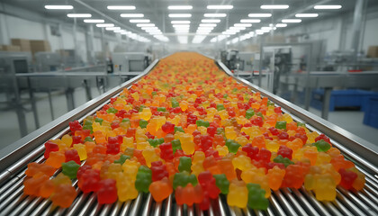 Conveyor Belt Filled with Colorful Gummy Bears in Food Processing Plant