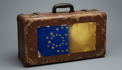 Vintage Suitcase With Torn Flag of the European Union on a Gray Background